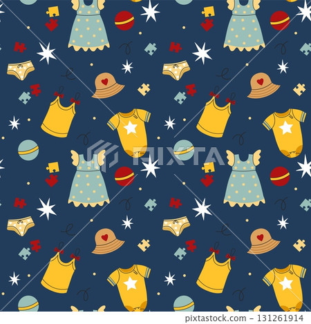 Baby clothing seamless pattern. Kids fashion. Bodysuit and shirt for newborn children. Repeated textile print. Ball and puzzle. Toddlers jumpsuit. Little girls underpants. Vector nursery background 131261914
