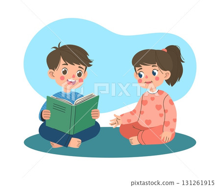 Kids reading book. Cute boy and girl read, child studying and learning. Education and knowledge for schoolboy. Teenager literature. Pupils together. Vector cartoon flat style isolated illustration 131261915