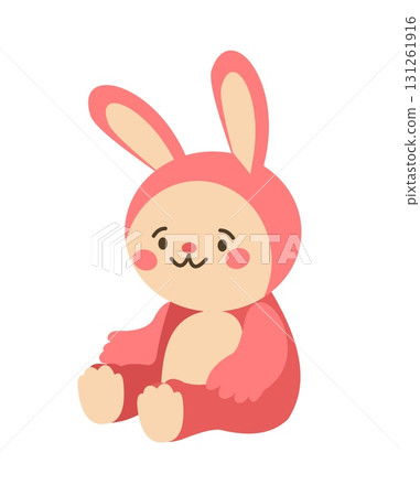Kids rabbit. Children toy. Pink plush soft bunny. Cartoon domestic animal. Adorable baby hare in sitting pose. Easter cute mammal. Childish fluffy doll. Little sweet pet. Vector isolated flat element 131261916