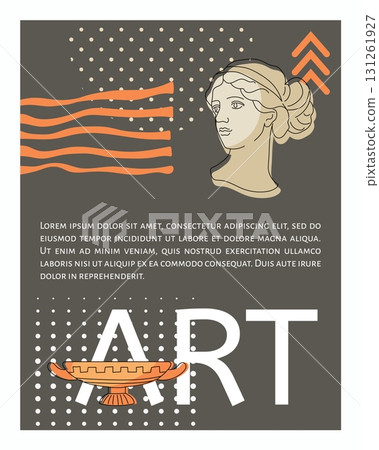 Art poster. Ancient classic traditional sculpture, marble architectural female head. Geometric background. Copy space for text, creative flyer design. Vector cartoon flat style isolated illustration Art poster. Ancient classic traditional sculpture, marble architectural female head. Geometric background. Copy space for text, creative flyer design. Vector cartoon flat style isolated illustration 131261927