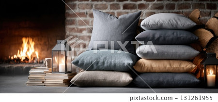 Soft cushions and warm blankets surround a crackling fireplace, inviting relaxation with books and a cup nearby for comfort 131261955