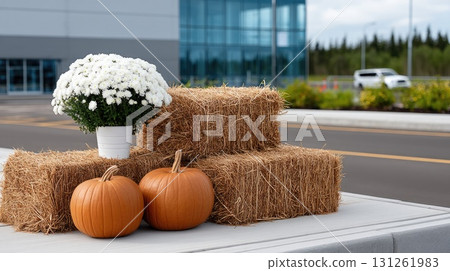 Bright pumpkins and white flowers sit atop hay bales in a seasonal display near a contemporary structure on a clear day 131261983