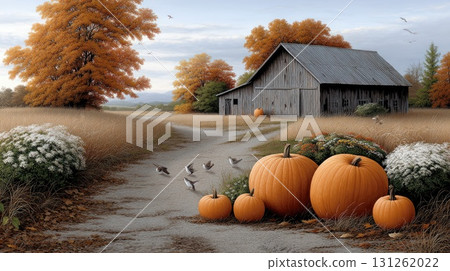 Colorful pumpkins are placed by a dirt path leading to a rustic barn surrounded by golden trees and gentle wildlife in autumn Colorful pumpkins are placed by a dirt path leading to a rustic barn surrounded by golden trees and gentle wildlife in autumn 131262022