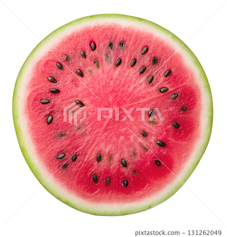 Juicy watermelon slice with red flesh and black seeds, green rind, summer fruit isolated on transparent background Juicy watermelon slice with red flesh and black seeds, green rind, summer fruit isolated on transparent background 131262049