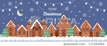 Christmas gingerbread house. Village winter landscape with snow. Cute New Year background. Holiday panorama with cookie, bread dessert. Banner design. Greeting card sweet. Vector tidy decoration Christmas gingerbread house. Village winter landscape with snow. Cute New Year background. Holiday panorama with cookie, bread dessert. Banner design. Greeting card sweet. Vector tidy decoration 131262069