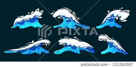 Wave cartoon set. Water splash in ocean. Swells for sea surfer. Big stream. Surfing on beach. Design of blue liquid, marine foam. Isolated landscape elements. Vector marine summer garish background Wave cartoon set. Water splash in ocean. Swells for sea surfer. Big stream. Surfing on beach. Design of blue liquid, marine foam. Isolated landscape elements. Vector marine summer garish background 131262087