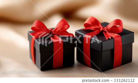 Black boxes with bright red bows sit beside pine branches on a light blue surface, ready for holiday celebrations and gift-giving moments 131262112