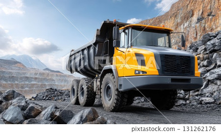 A powerful truck hauls materials in a challenging quarry setting under blue skies, surrounded by rocky terrain and steep hills. A powerful truck hauls materials in a challenging quarry setting under blue skies, surrounded by rocky terrain and steep hills. 131262176