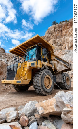 A powerful truck hauls materials in a challenging quarry setting under blue skies, surrounded by rocky terrain and steep hills 131262177