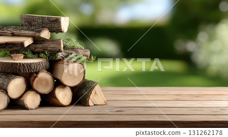 A collection of neatly stacked logs is placed on lush green grass with contemporary structures in the background under clear skies 131262178