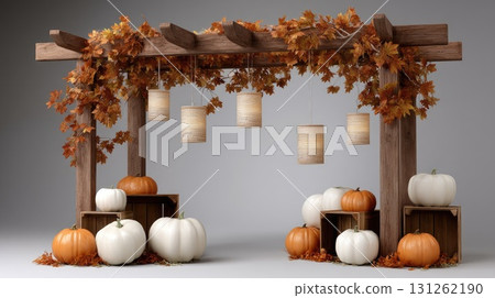 Decorative wooden arch adorned with autumn leaves, pumpkins in various colors, and hanging lanterns creates a festive atmosphere 131262190