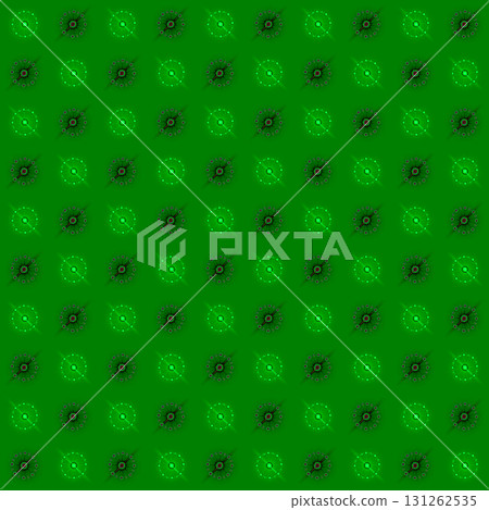 Repeating circular arrangement with radiating lines on a green field. A pattern of repeating circular designs on a green background.  131262535