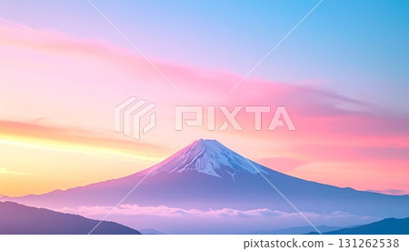 冬日白雪皚皚的富士山、日出和雲海 131262538