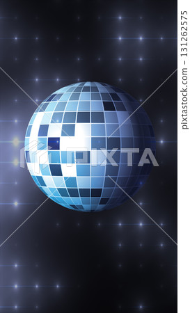 Shiny blue disco ball with grid pattern floating in a starry background, symbolizing party, dance, or retro style 131262575