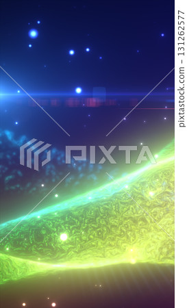 Cosmic scene with blue starry background and vibrant green-blue energy stream flowing diagonally 131262577