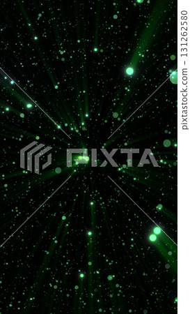 Green glowing particle rays emitting from a central point, creating a burst effect against a dark background 131262580