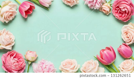 Pink tulips and roses on a light blue background Pink tulips and roses on a light blue background 131262651