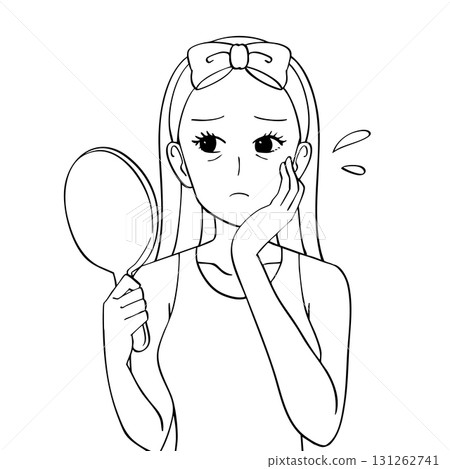 黑白插圖:一位女士照鏡子,擔心自己眼睛周圍的皺紋 黑白插圖:一位女士照鏡子,擔心自己眼睛周圍的皺紋 131262741