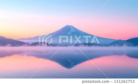 Snow-capped Mt. Fuji in winter, sunrise and lake scenery 131262753