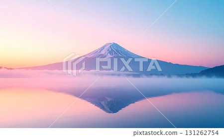 白雪皚皚的冬季富士山、日出和湖景 131262754