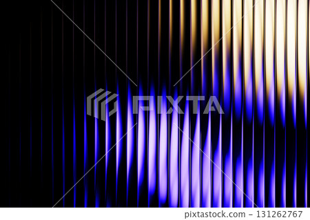 Neon ribbed fractal glass 3d background. Holographic vertical stripe pattern with vibrant purple blue yellow gradient. Abstract black bg, iridescent texture lines in radiant colors. 3D illustration 131262767
