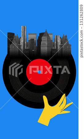 Graphic composition. Yellow hand holding vinyl record merging with city skyline on blue background 131262809