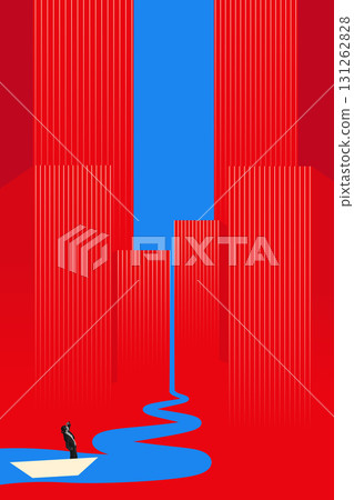 Bold colorful poster. Man in paper boat looking at red skyscrapers with flowing blue river path upward Bold colorful poster. Man in paper boat looking at red skyscrapers with flowing blue river path upward 131262828