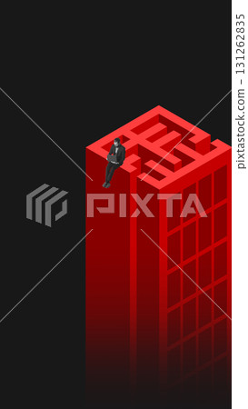 Contemporary collage. Businessman sitting with laptop on top of red skyscraper shaped like maze 131262835