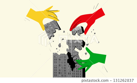 Digital artwork. Giant colorful hands breaking skyscraper into falling fragments on light background. Digital artwork. Giant colorful hands breaking skyscraper into falling fragments on light background. 131262837