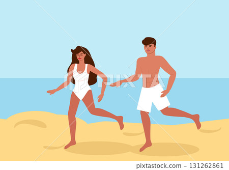 Young tanned couple running along the beach 131262861