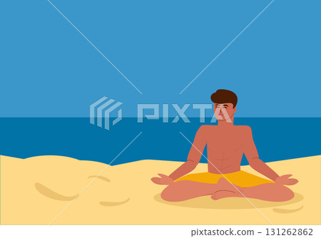 Young tanned man meditating on beach 131262862