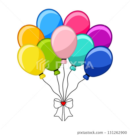 Colorful Balloon Bouquet with Ribbon. Vector Illustration. A festive balloon bouquet tied together with a ribbon and a small red heart in the center. 131262900