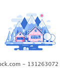 Snowy Winter Village in the Mountains in Line Art 131263072