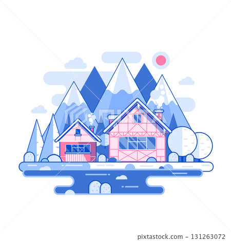 Snowy Winter Village in the Mountains in Line Art Snowy Winter Village in the Mountains in Line Art 131263072