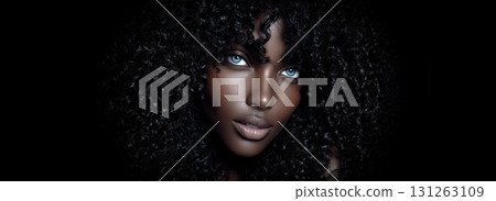 A Beauty Portrait of a Stunning Curly-Haired Model with Blue Eyes on Black Background - Generative Ai 131263109