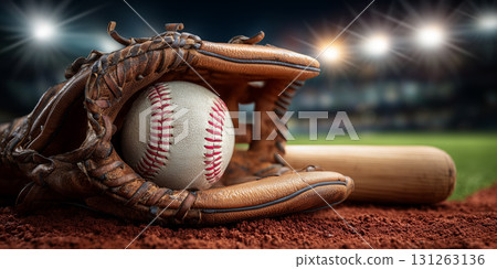 A Baseball Glove with Wooden Bat and Ball on a Baseball Field at Night - Generative Ai 131263136