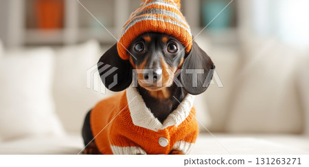 A Cute and Adorable Dachshund Dog Wearing a Cozy Orange Wool Sweater and Hat - Generative Ai 131263271