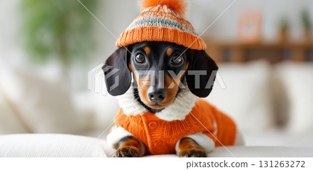 A Cute and Adorable Dachshund Dog Wearing a Cozy Orange Wool Sweater and Hat - Generative Ai 131263272