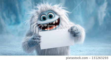 A Cartoon Character of a Cute Smiling Small Yeti Holding a Blank White Sign - Generative Ai 131263293