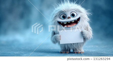 A Cartoon Character of a Cute Smiling Small Yeti Holding a Blank White Sign - Generative Ai 131263294