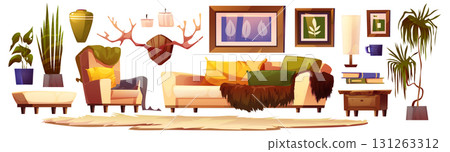 Cozy cabin living room furniture and rustic decor 131263312