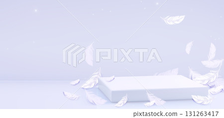 White feather falling on square podium 131263417