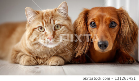 A Ginger Cat and a Brown Dachshund Are Sitting on a White Floor - Generative Ai 131263451