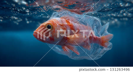 A Plastic Bag Shaped Like a Fish in the Blue Ocean - Plastic Pollution Concept - Generative Ai 131263496