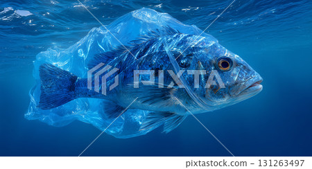 A Plastic Bag Shaped Like a Fish in the Blue Ocean - Plastic Pollution Concept - Generative Ai 131263497