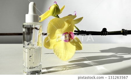 Glass cosmetic dropper with transparent facial serum and bottle on light background with orchid and natural sunlight. Beauty skincare product Glass cosmetic dropper with transparent facial serum and bottle on light background with orchid and natural sunlight. Beauty skincare product 131263567