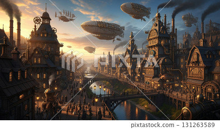 Steampunk Landscape Illustration 131263589