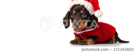 An Adorable Dachshund Puppy in Christmas Sweater and Santa Hat on White Background - Generative Ai 131263602