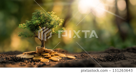 A Small Green Tree Growing From a Pile of Gold Coins and Rich Fertile Soil - Generative Ai A Small Green Tree Growing From a Pile of Gold Coins and Rich Fertile Soil - Generative Ai 131263643