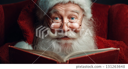 A Smiling Elderly Santa Claus Reading a Christmas Book Sitting on a Red Armchair - Generative Ai A Smiling Elderly Santa Claus Reading a Christmas Book Sitting on a Red Armchair - Generative Ai 131263648